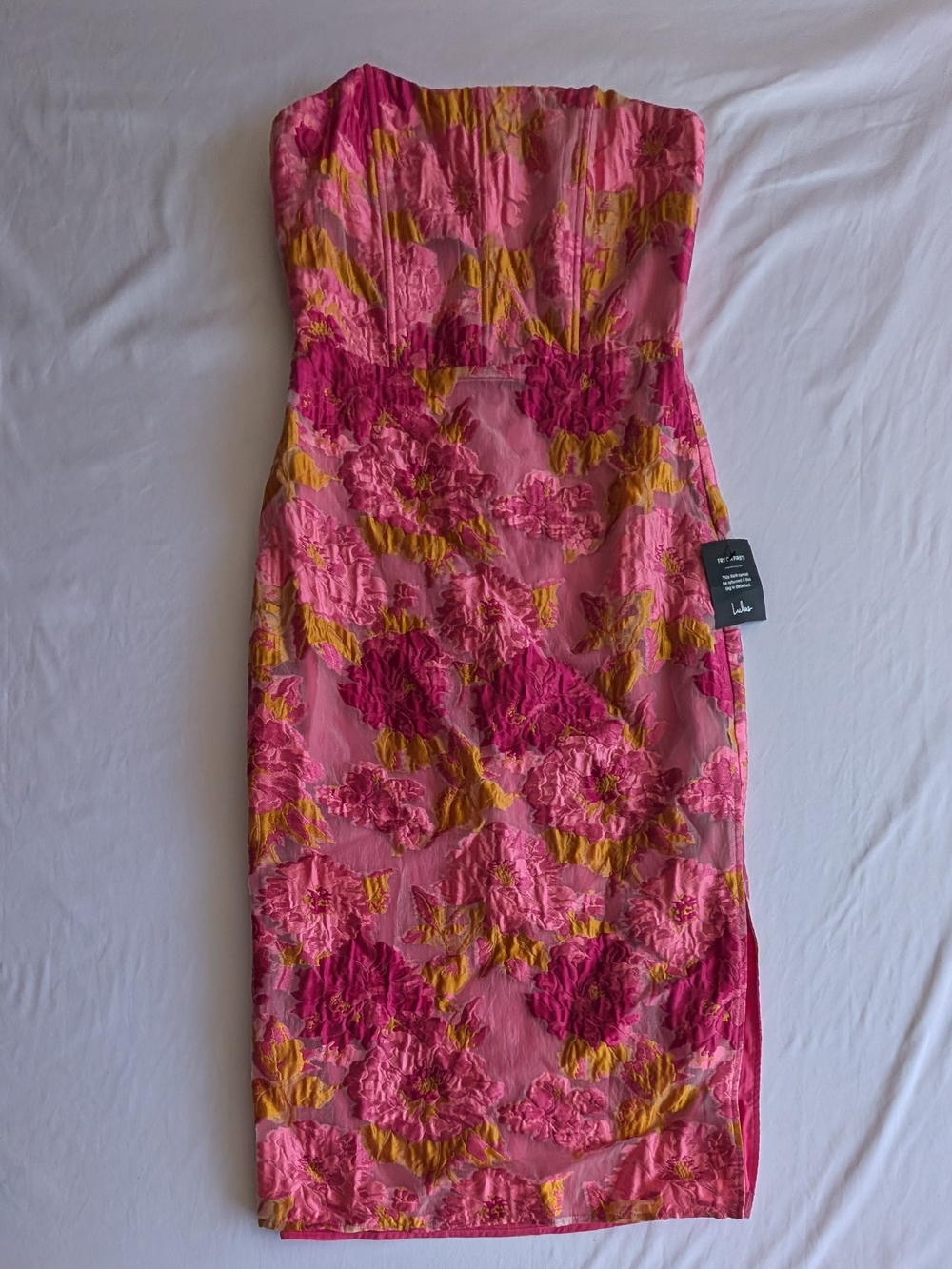 Lulu's Strapless Pink & Gold Floral Midi Dress